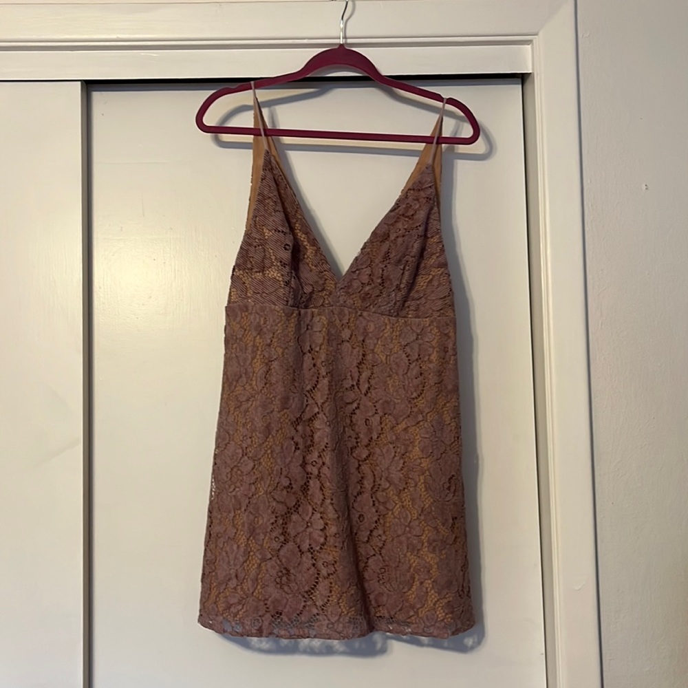 Free People mauve lace dress with attached nude slip underneath. Size 6.